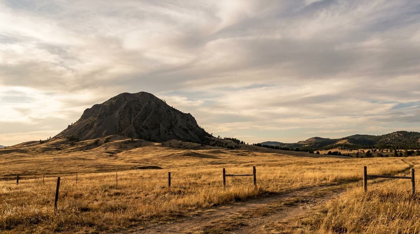 Bear Butte rising dramatically from the open prairie on the edge of the Black Hills near Sturgis, golden grassland in the foreground, dramatic sky, South Dakota