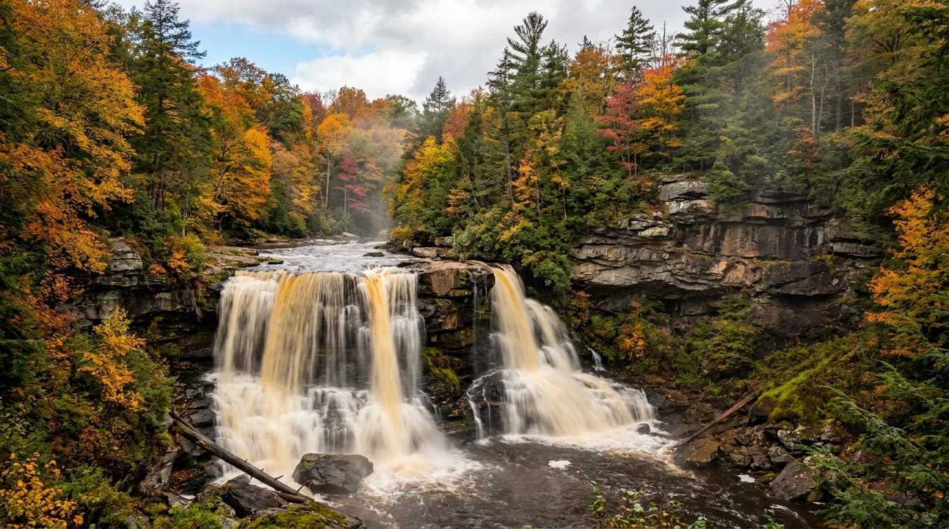 The 57-foot amber-tinted Blackwater Falls thundering over dark rock ledges framed by red spruce and hemlock, brilliant autumn foliage surrounding the gorge, mist rising from the base