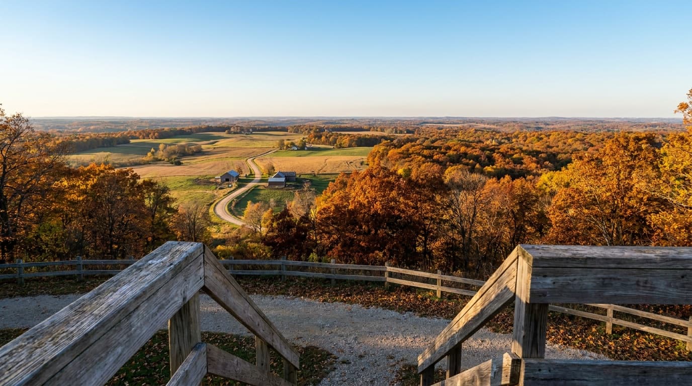 Panoramic view from an observation tower at Blue Mound State Park looking out over the rolling ridges and farm valleys of the Wisconsin Driftless Area, autumn color stretching to the horizon, clear blue sky