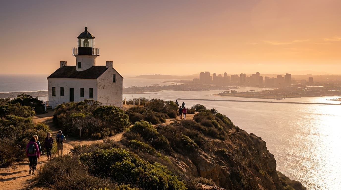 The white Old Point Loma Lighthouse at Cabrillo National Monument on a bluff above San Diego Bay, the Pacific and city skyline in the distance at golden hour