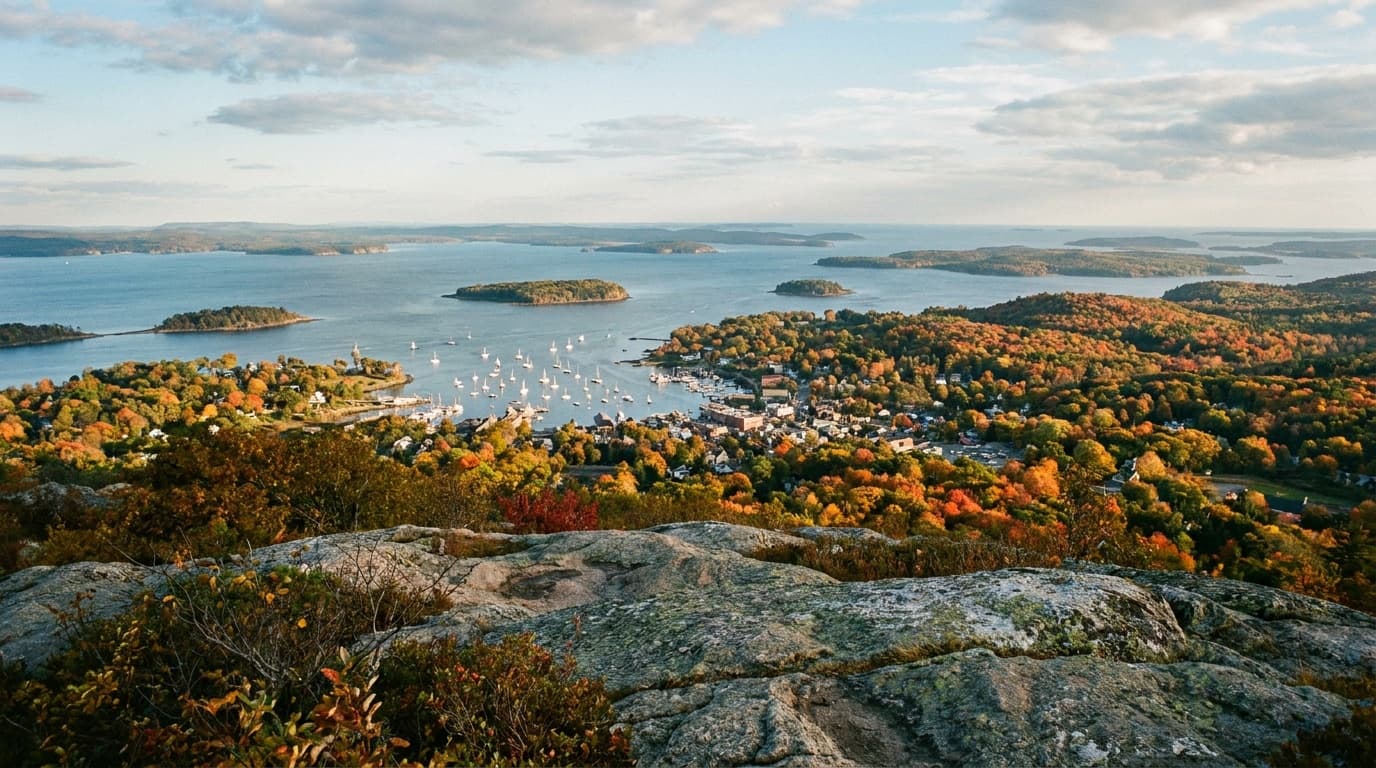 Panoramic view from the Mount Battie summit over Camden harbor and the islands of Penobscot Bay, sailboats on blue water, autumn foliage on the wooded hillsides, golden afternoon light, Maine midcoast