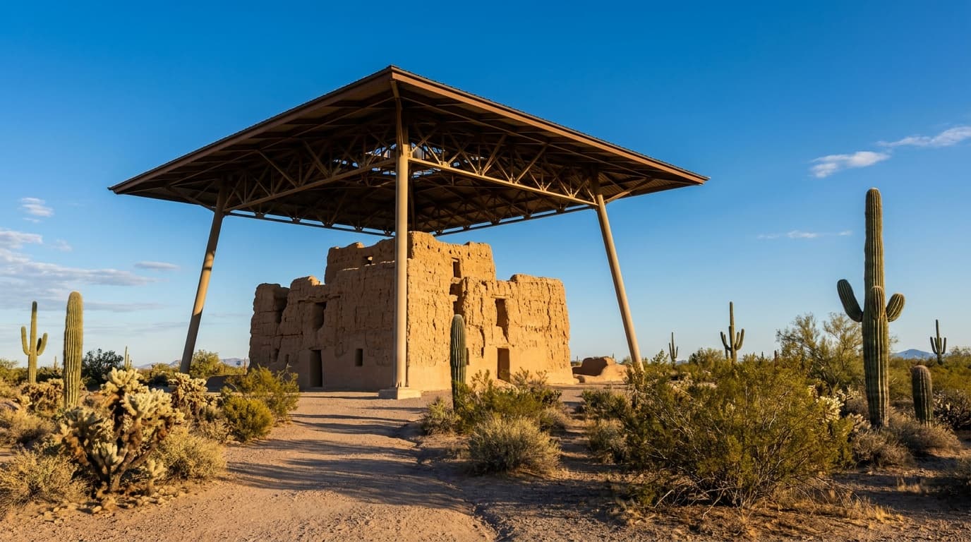 The four-story earthen Great House of Casa Grande sheltered under its dramatic angular steel canopy, warm desert light, saguaro and creosote in the foreground, blue Arizona sky