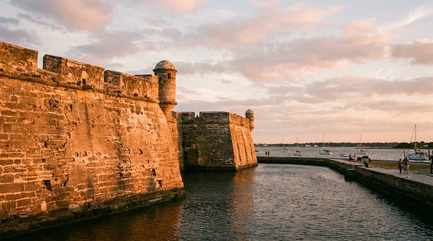 The coquina stone walls and diamond-shaped bastions of Castillo de San Marcos glowing warm at sunset on the St. Augustine waterfront, Matanzas Bay beyond