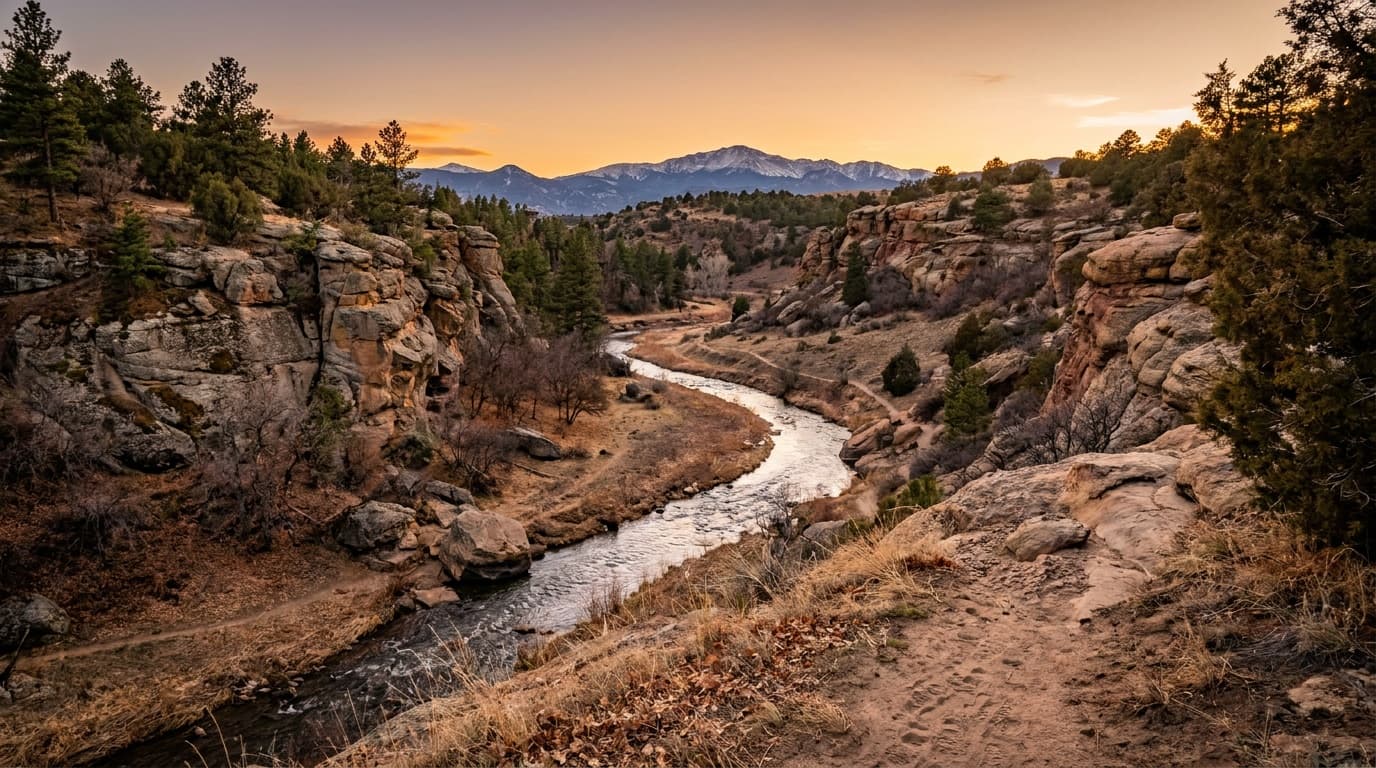 The rocky canyon of Castlewood Canyon State Park with Cherry Creek winding along the floor and the distant snow-capped Front Range on the horizon, golden Colorado light.
