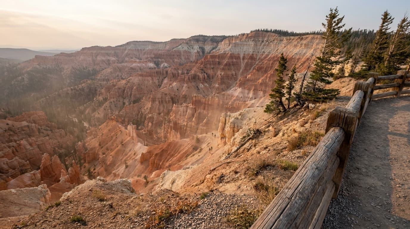 The red and orange hoodoo amphitheater of Cedar Breaks from Point Supreme