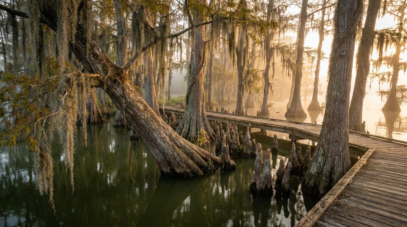 Bald cypress trees with knobby knees rising from the still green water of Lake Chicot at sunrise, Spanish moss draped from branches, mist on the water, golden Louisiana light