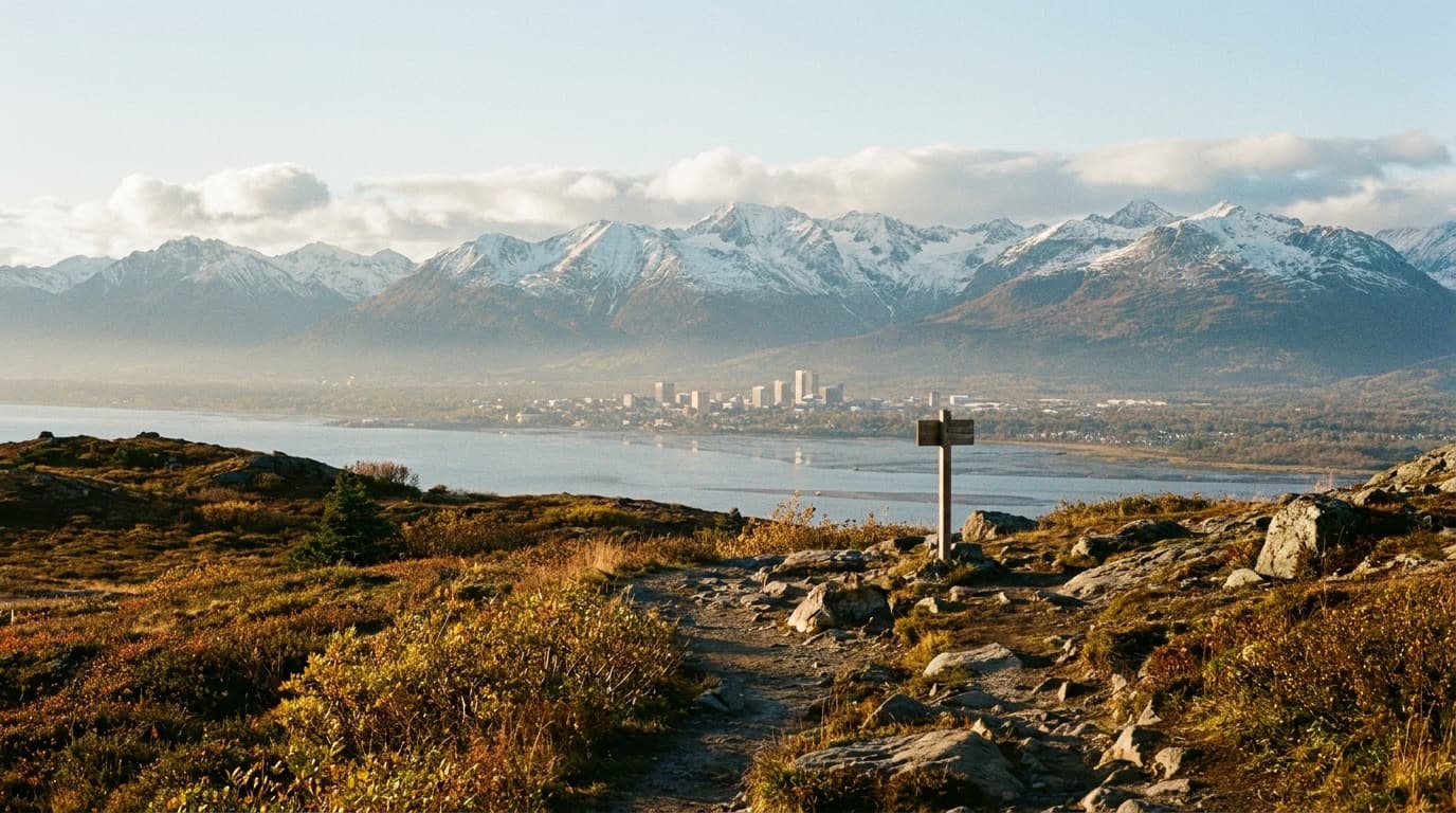 Mountains of Chugach State Park rising above Anchorage and Cook Inlet, Alaska