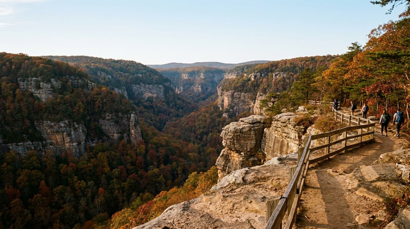 A sweeping view into the deep sandstone gorge of Cloudland Canyon from the West Rim, layered forested cliffs and a wide valley below, vivid fall foliage, clear sky