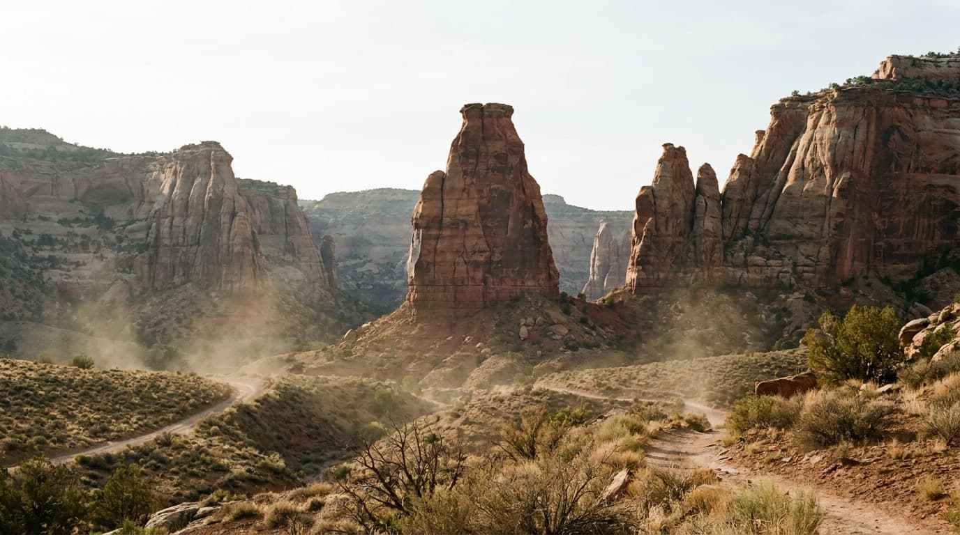 Independence Monument and red sandstone spires in Colorado National Monument