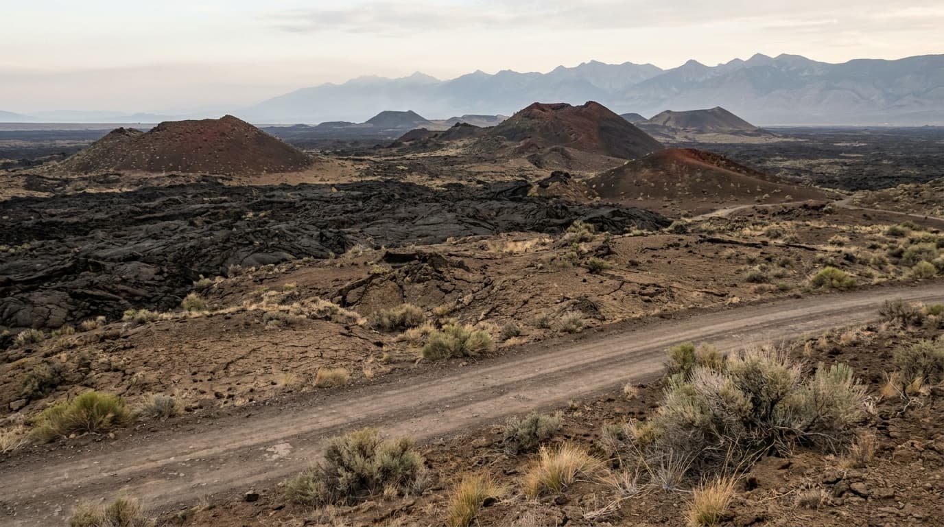 Black lava flows and cinder cones stretching across the Craters of the Moon plain