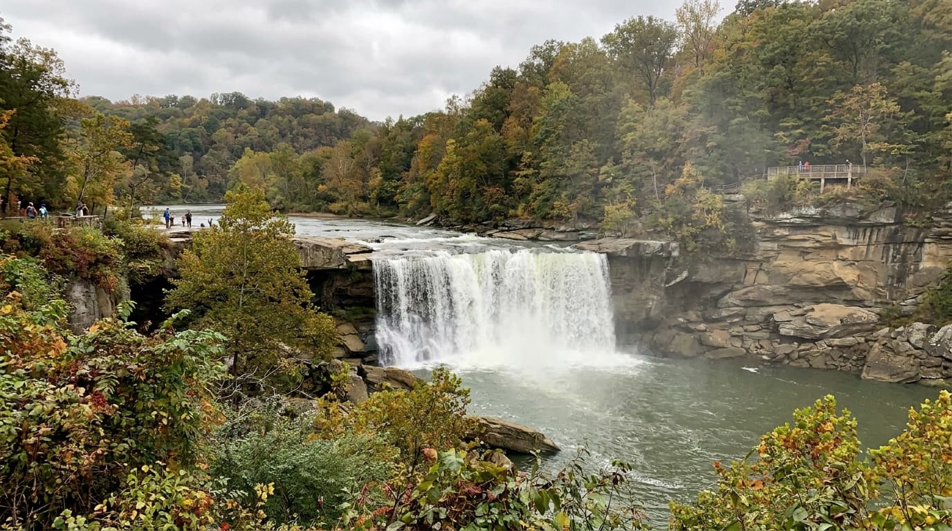Cumberland Falls, the wide curtain waterfall on the Cumberland River in Kentucky