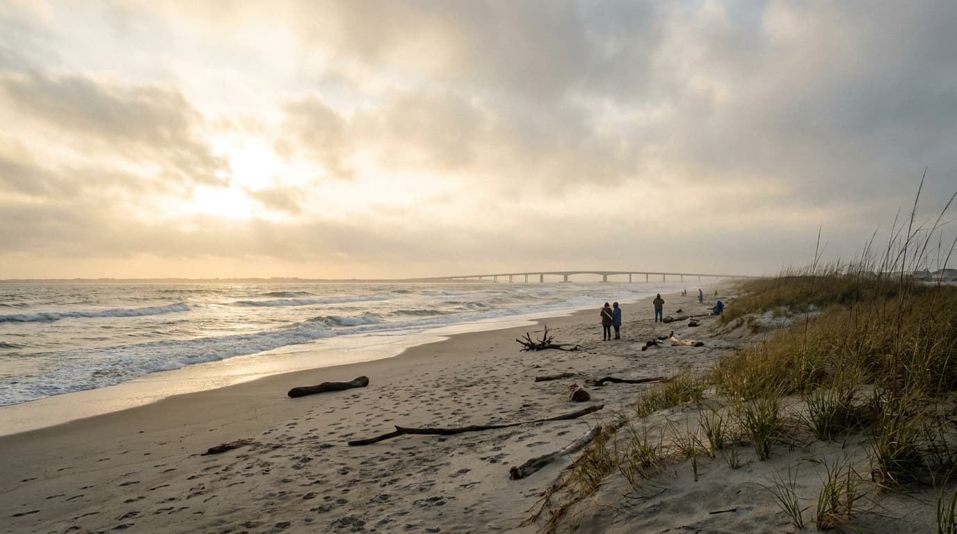 Wide Atlantic surf beach at Delaware Seashore State Park with the Indian River Inlet bridge in the distance, golden sand and rolling waves, summer morning light, Delaware