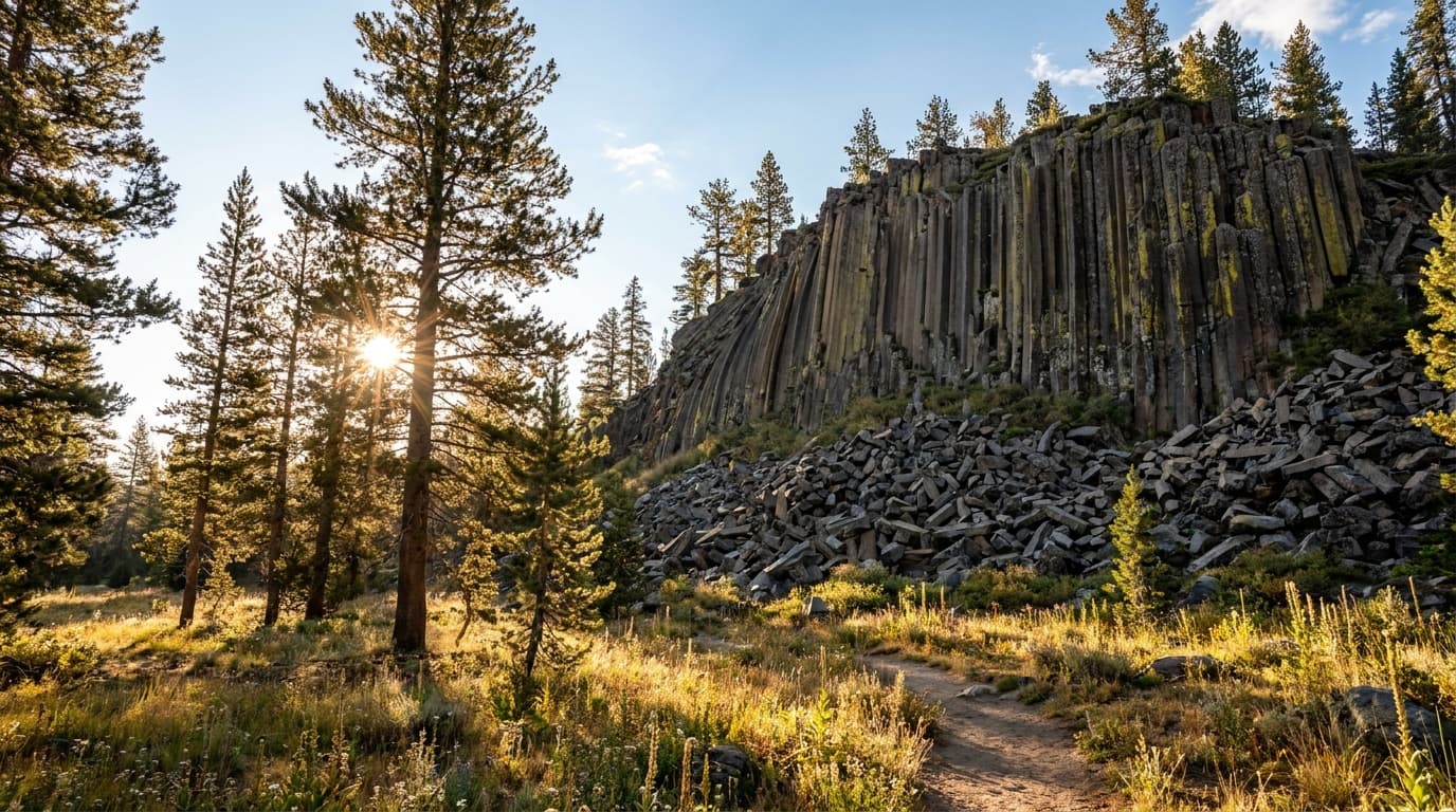 The Devils Postpile basalt formation, a tall wall of near-perfect hexagonal columns rising from a talus pile of fallen columns, lit by warm morning sun in a high Sierra meadow with pines, blue sky
