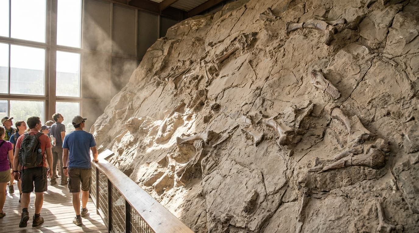 The tilted bone wall inside the Quarry Exhibit Hall packed with dinosaur fossils