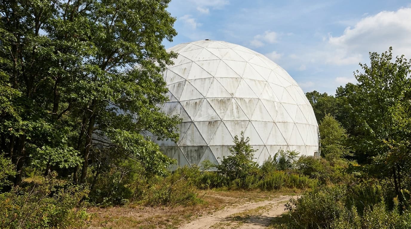 The large white geodesic dome of Dinosaur State Park in Rocky Hill, Connecticut, set among green trees under a blue sky, modern architectural exterior