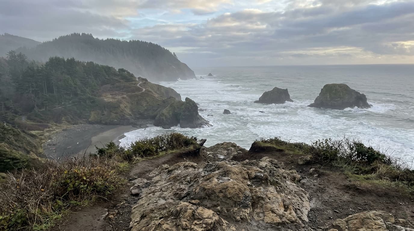 Sea stacks and surf from Ecola Point with the headland coastline