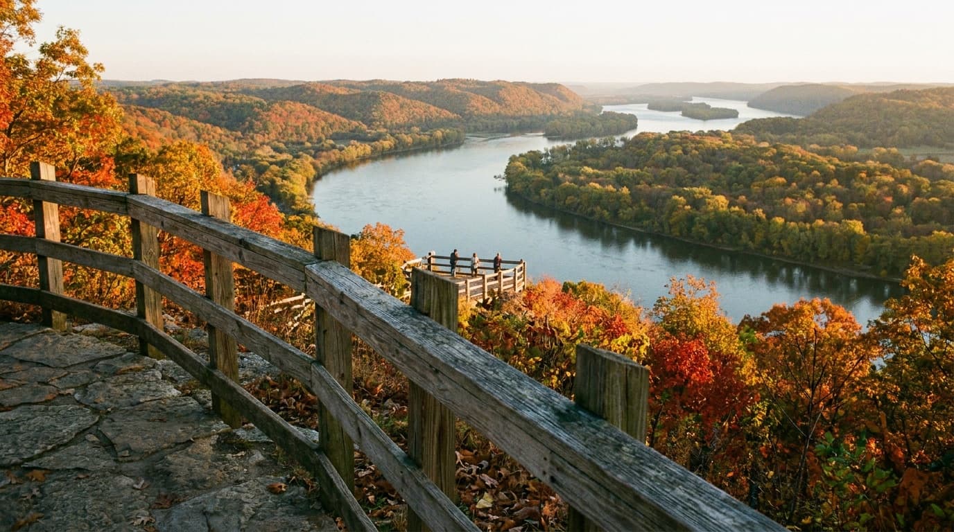 The Fire Point overlook at Effigy Mounds, wide view of the Mississippi River winding through forested bluffs in autumn color, dramatic high vantage, golden light