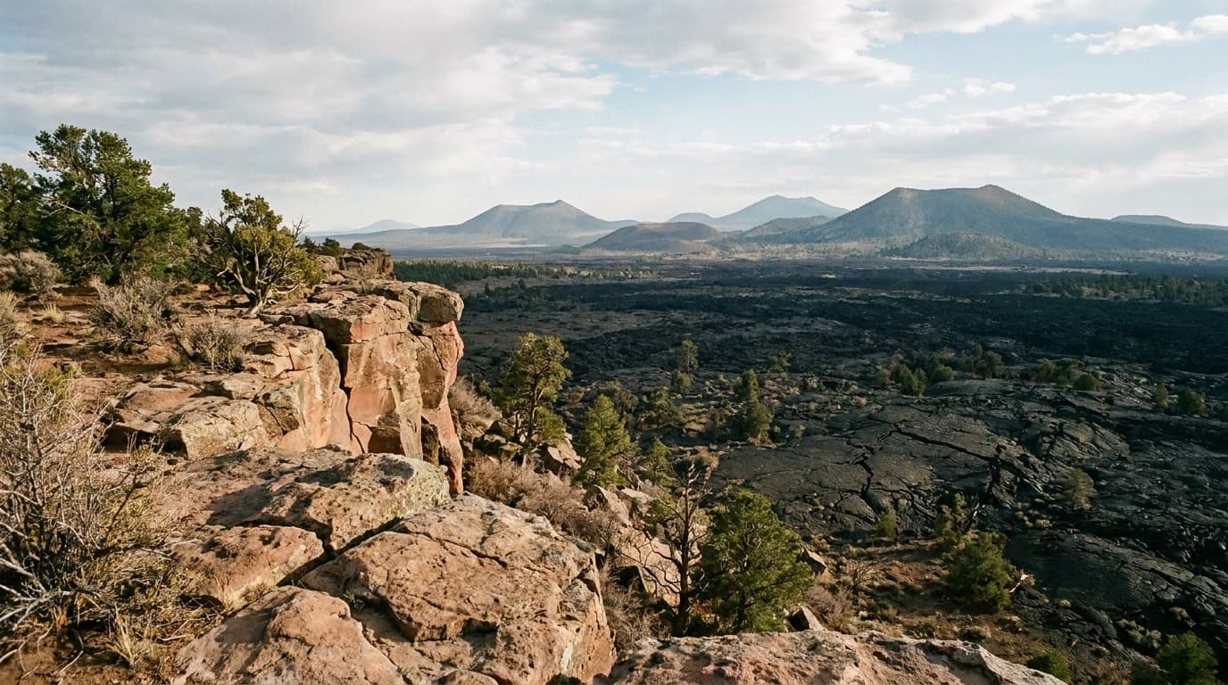 View from the Sandstone Bluffs Overlook across a vast rugged black lava flow toward distant volcanic cones at El Malpais National Monument