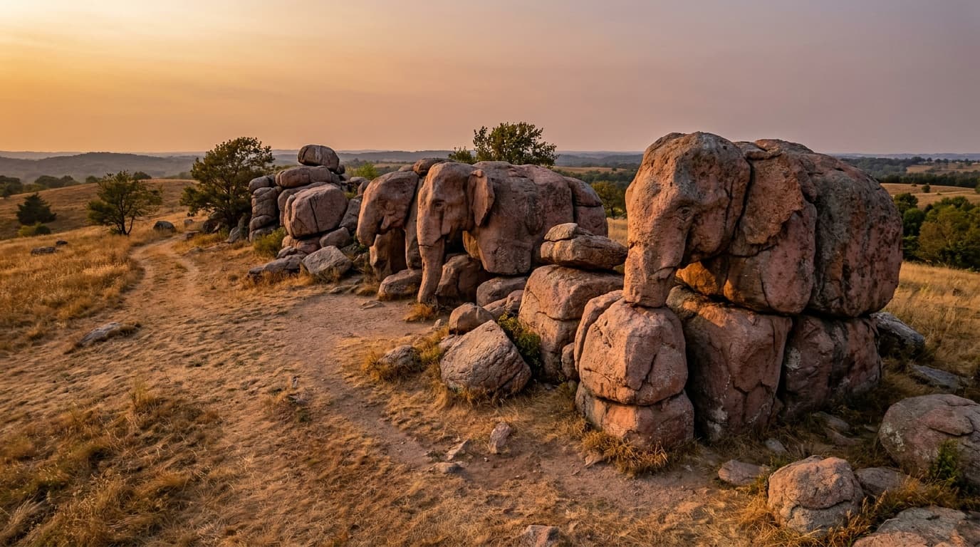 A line of massive rounded pink granite boulders glowing warm at sunset on a grassy Missouri hilltop, stacked like a parade of giant elephants.