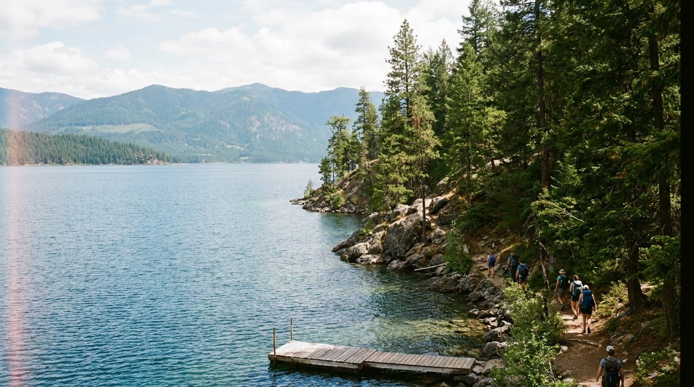 The clear deep blue water of Lake Pend Oreille meeting a forested shoreline at Farragut State Park, mountains rising beyond the lake, bright summer day