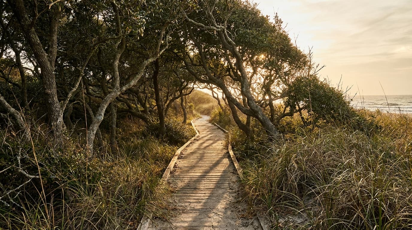 Wide late-afternoon view of a narrow sandy boardwalk winding through the Sunken Forest of Fire Island, sunlight filtering through a low canopy of 300-year-old American holly trees behind dune grass, Atlantic barrier island light