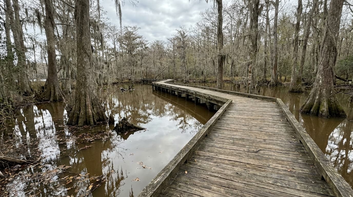 Bald cypress swamp boardwalk reflected in dark water at First Landing State Park