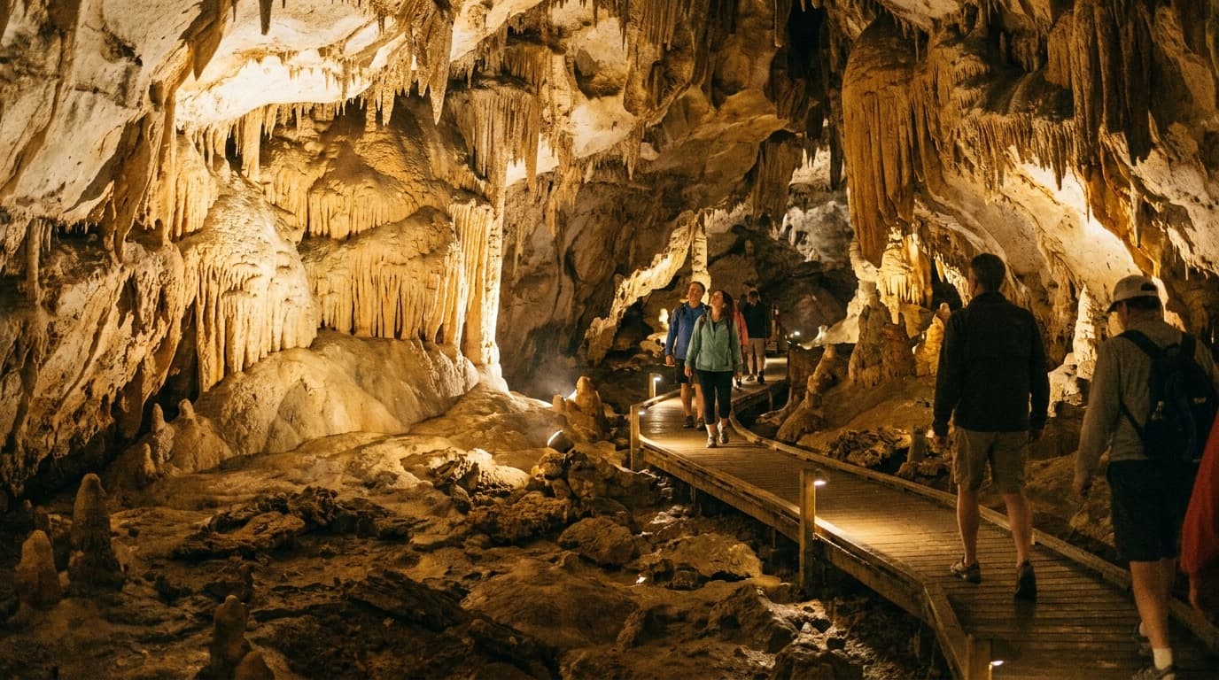 The illuminated interior of a limestone cavern at Florida Caverns State Park, dramatic stalactites and flowstone formations glowing amber, a lit walking path