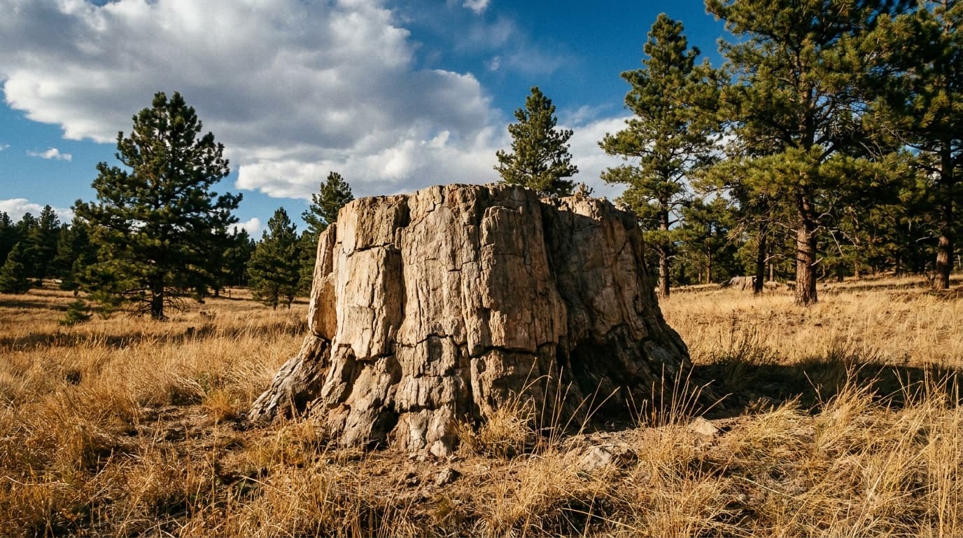 A giant petrified redwood stump, the Big Stump about 12 feet across, in a sunlit mountain meadow at Florissant Fossil Beds, golden grass and ponderosa pines, blue Colorado sky