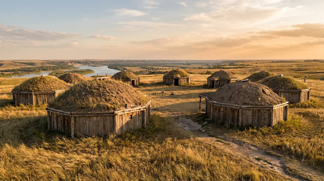 The reconstructed earthlodges of On-A-Slant Mandan Village at Fort Abraham Lincoln State Park, rounded dome dwellings on the open prairie above the Missouri River, golden evening light, North Dakota