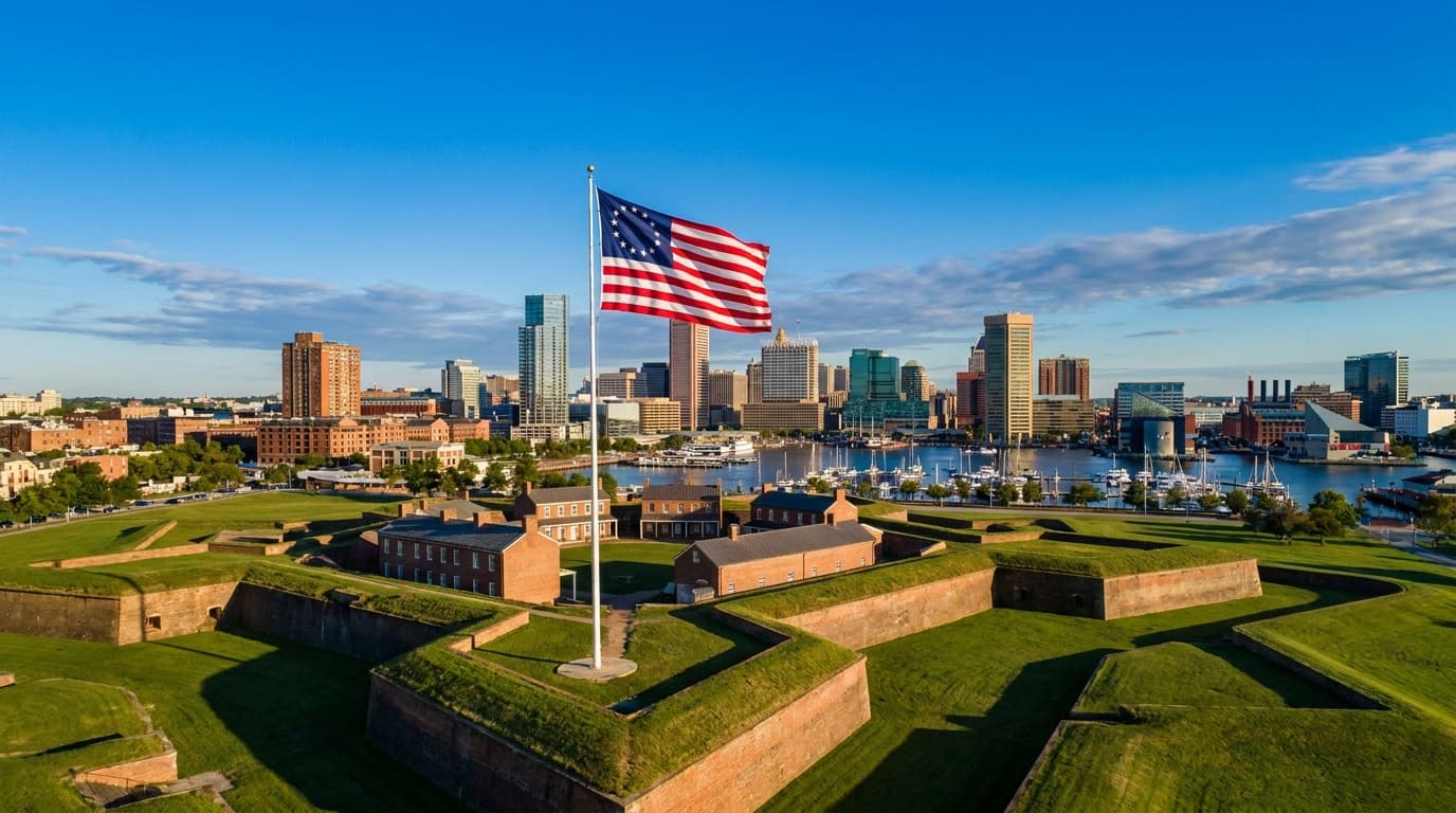 The star-shaped Fort McHenry from above with a huge American flag flying over the ramparts, Baltimore Harbor and skyline behind, dramatic clear sky