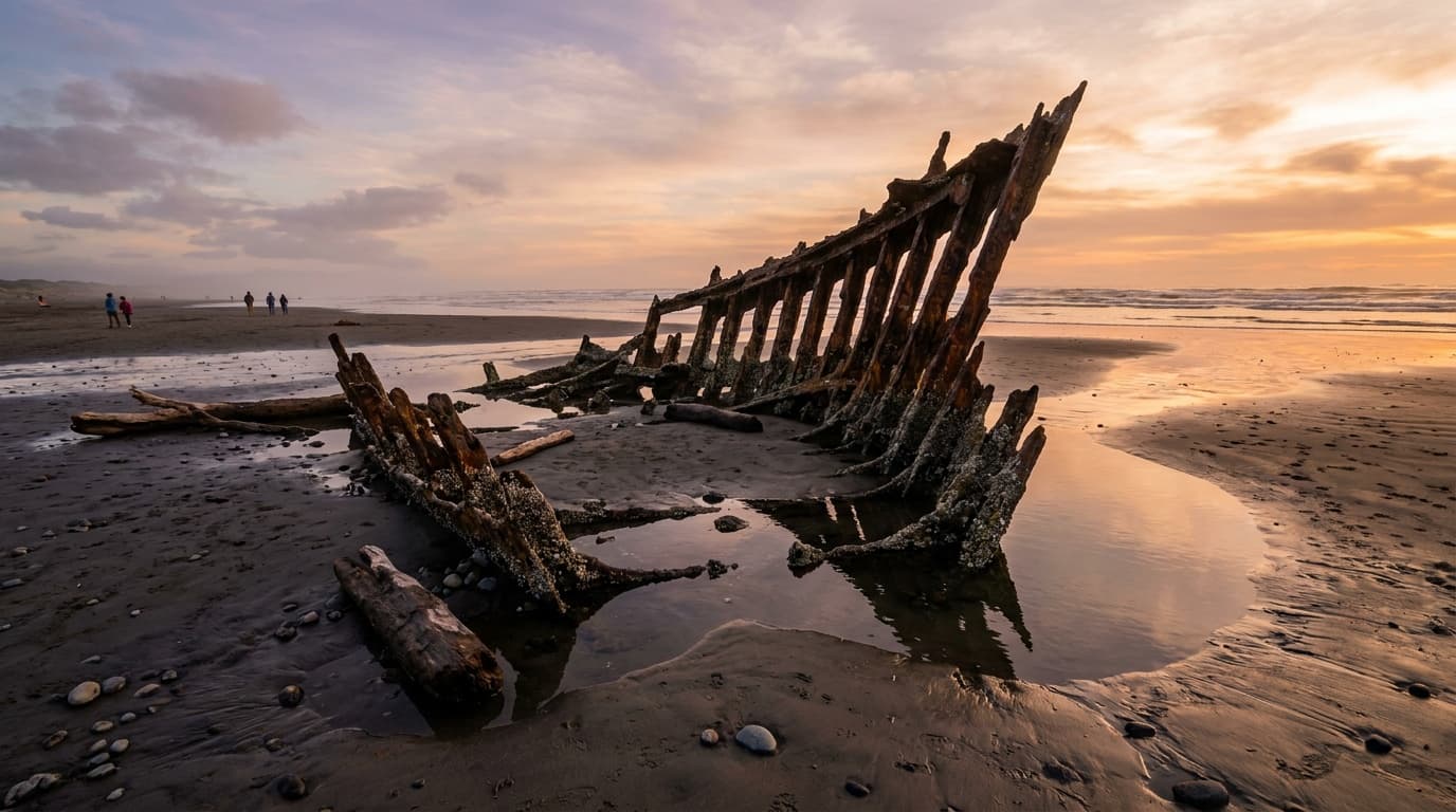 The rusted iron ribs of the Peter Iredale shipwreck half-buried in wet sand on a wide Oregon Coast beach at golden-hour sunset, low tide reflecting the sky, dramatic and atmospheric