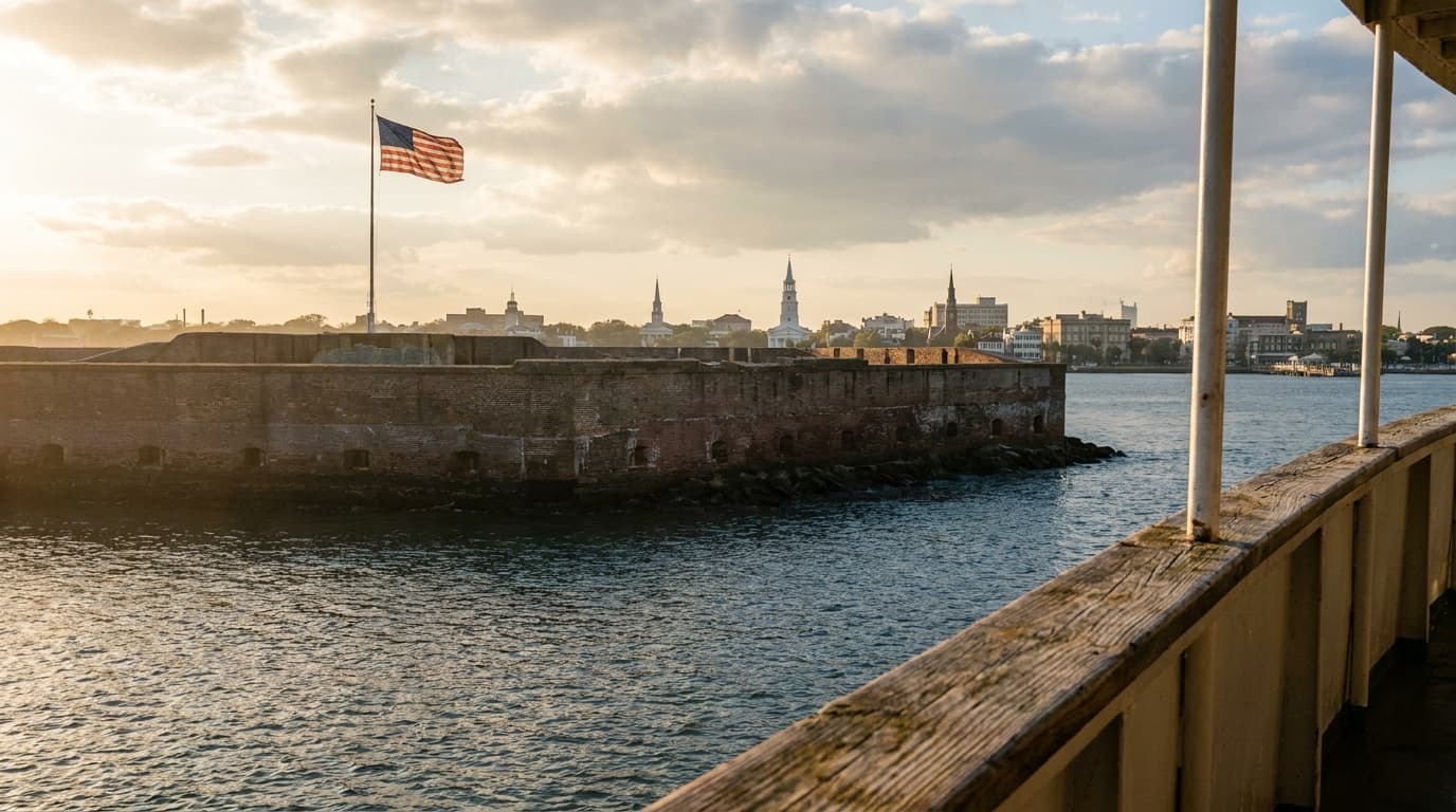 Fort Sumter sea fort sitting low in Charleston Harbor seen from the approaching ferry, American flag flying over the brick ramparts, calm water, Charleston skyline in the distance, golden light