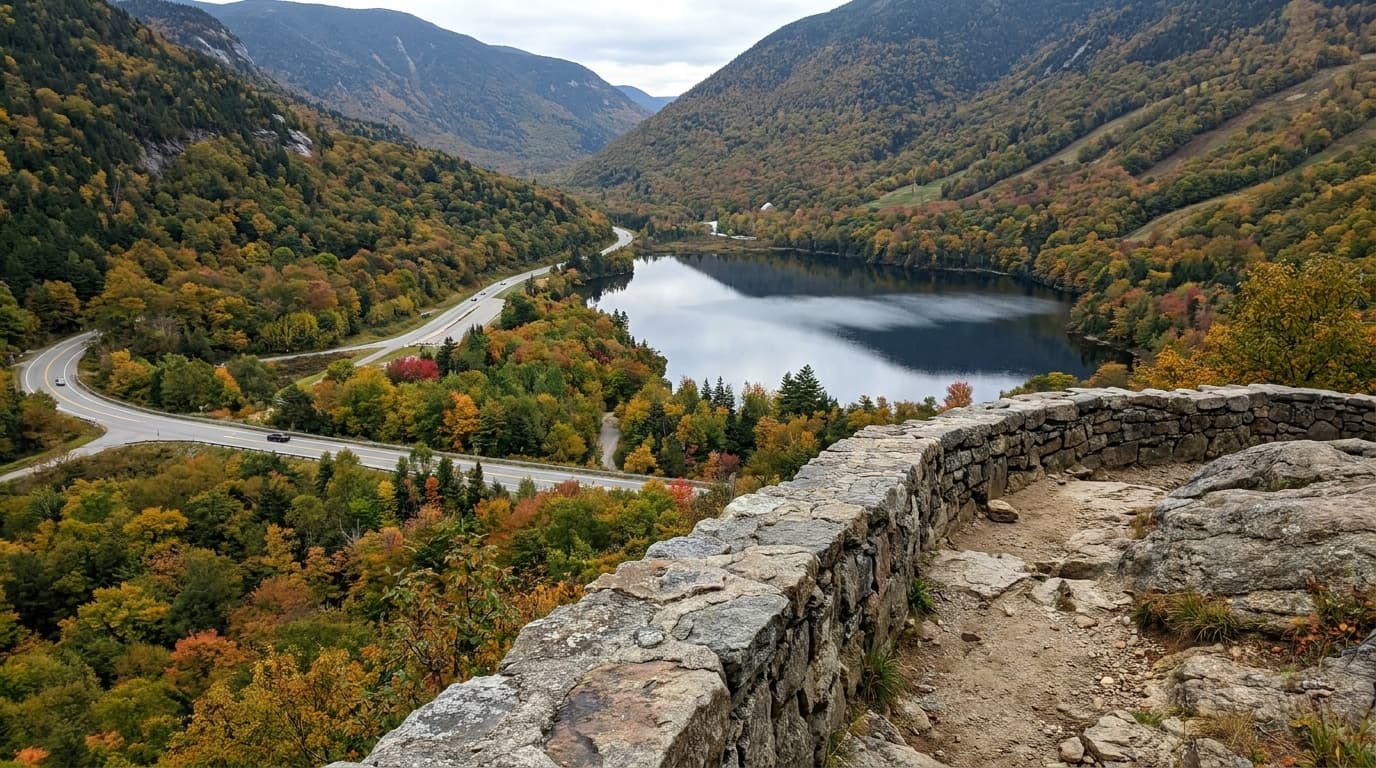 Franconia Notch from Artists Bluff with Echo Lake and the parkway below