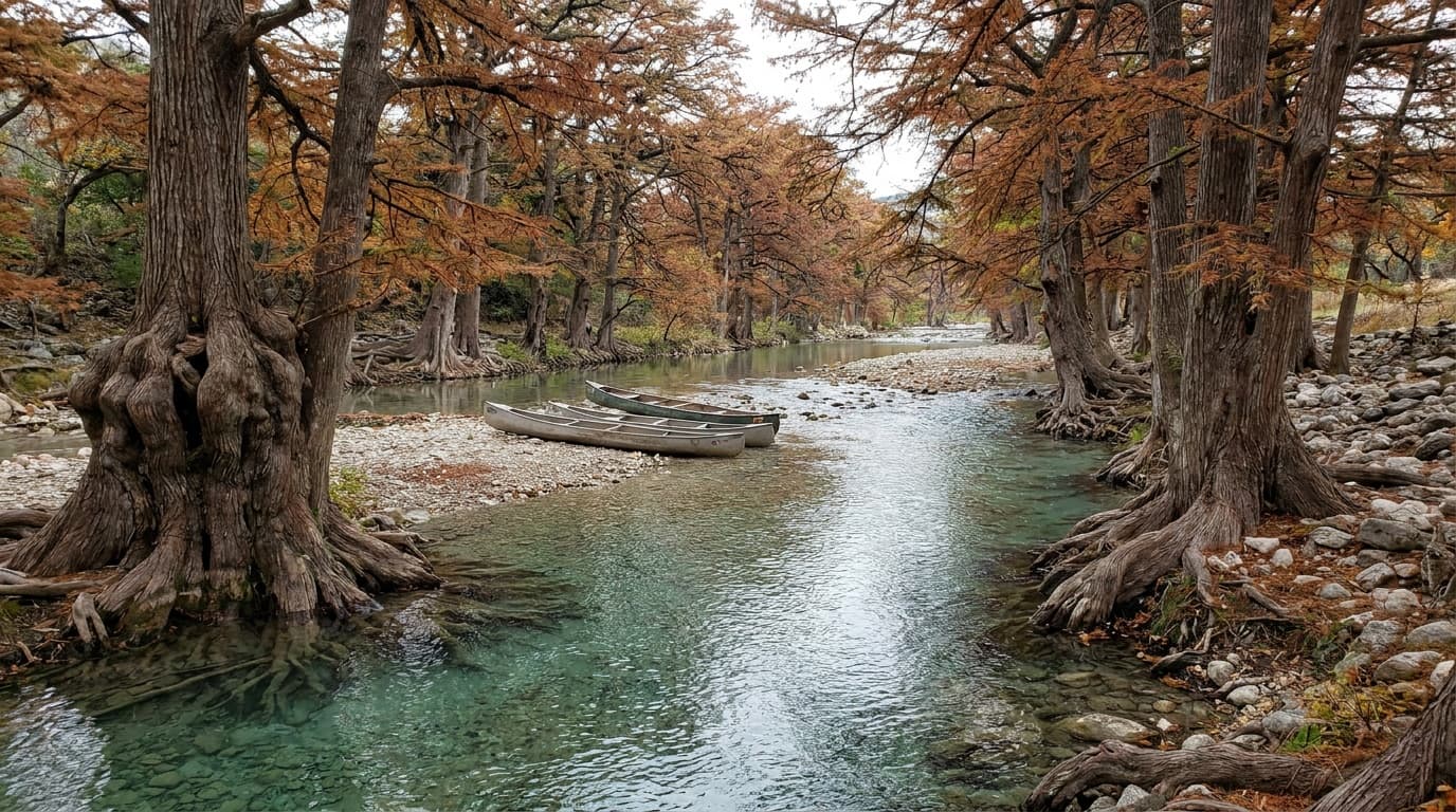 The clear Frio River with bald cypress trees in Garner State Park