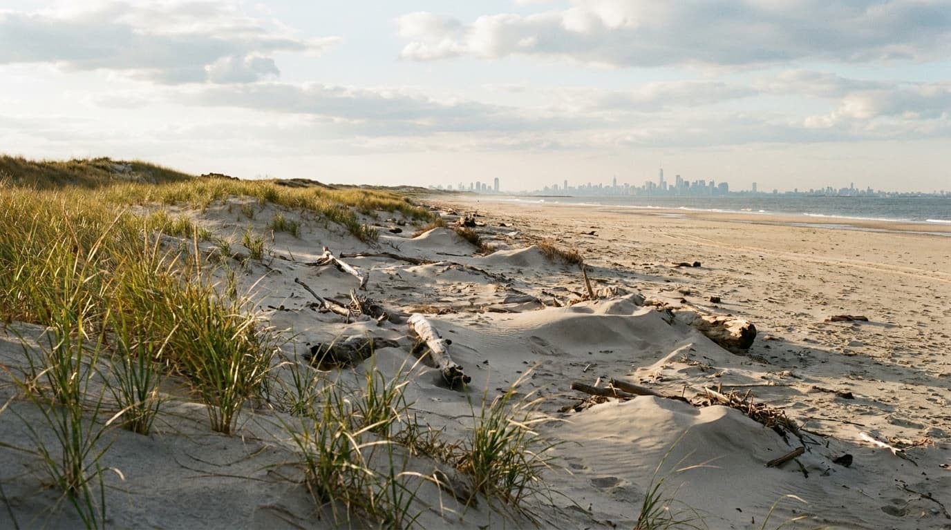 Sandy Hook beach and dunes with the New York skyline distant on the horizon