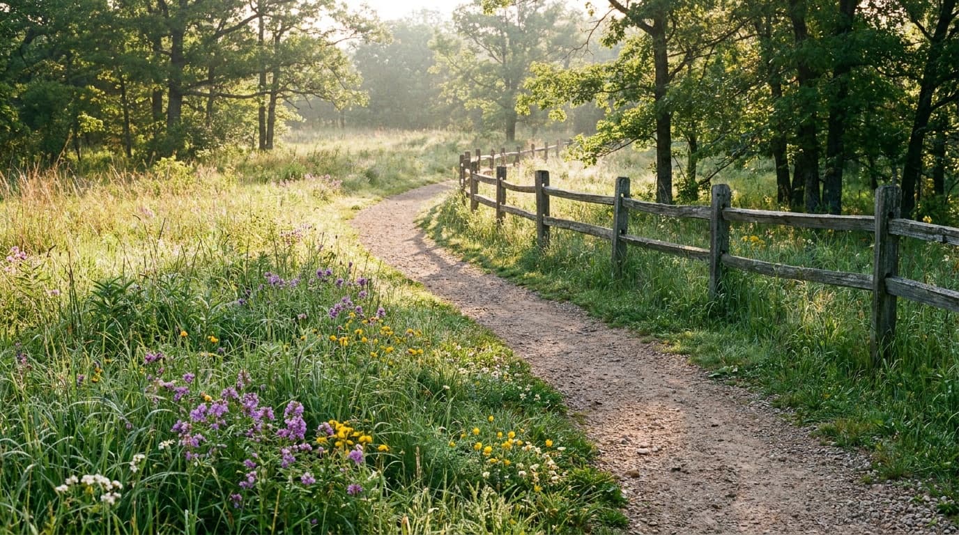 The boyhood prairie and woods of the George Washington Carver National Monument, the gravel Carver Trail winding through tallgrass prairie and oak woods, soft spring morning light, wildflowers