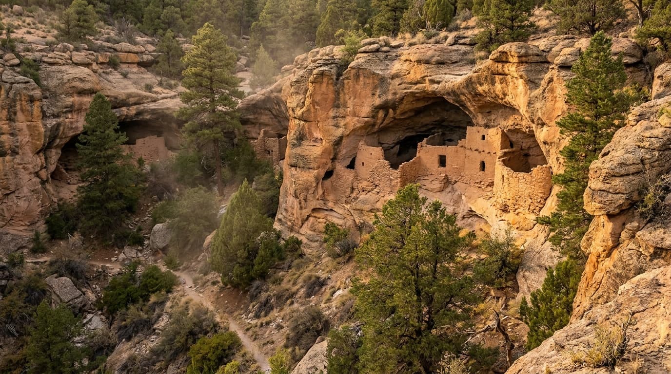 Mogollon cliff dwellings set in natural caves above the canyon in the Gila high country
