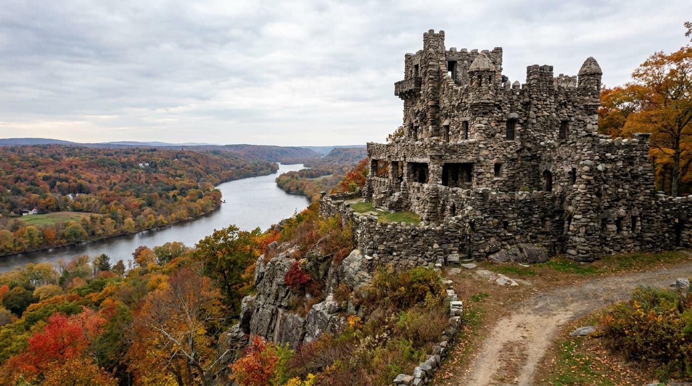 The eccentric fieldstone Gillette Castle perched on a wooded bluff high above the Connecticut River in autumn, rough granite turrets against a blue sky, river valley in fall color below, photorealistic architectural landscape