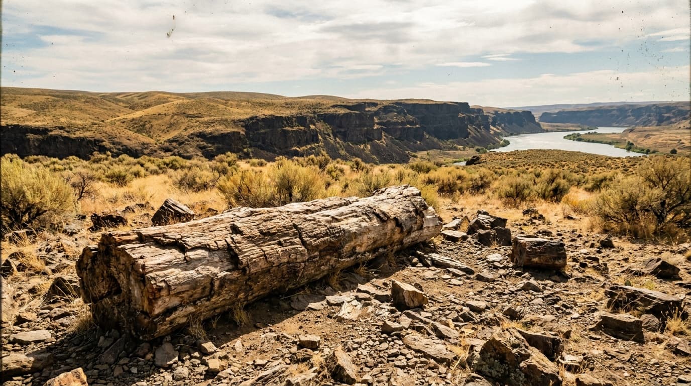 An exposed petrified log lying in a rocky high-desert fossil bed above the Columbia River at Ginkgo Petrified Forest, golden sagebrush hills and basalt bluffs under a wide eastern Washington sky