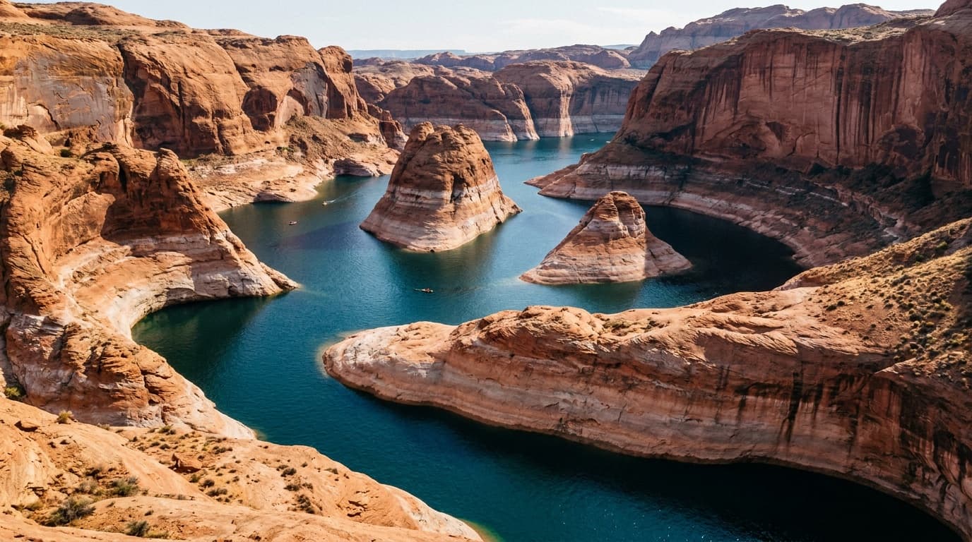 Lake Powell blue water winding between red sandstone canyon walls at Glen Canyon