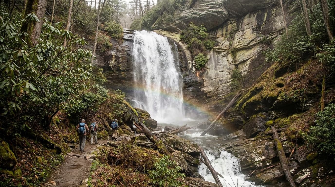 Rainbow Falls plunging through the rugged gorge at Gorges State Park