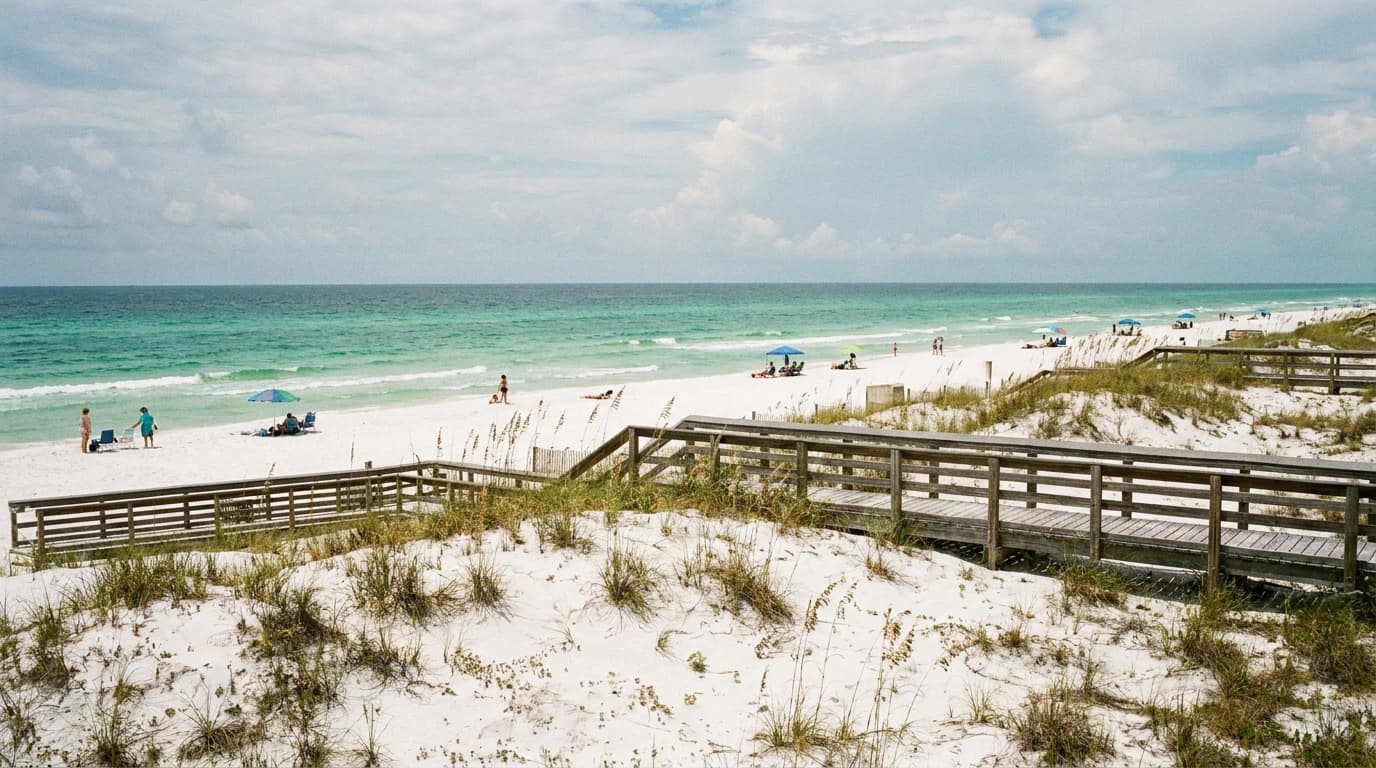Sugar-white sand and emerald Gulf water at Grayton Beach