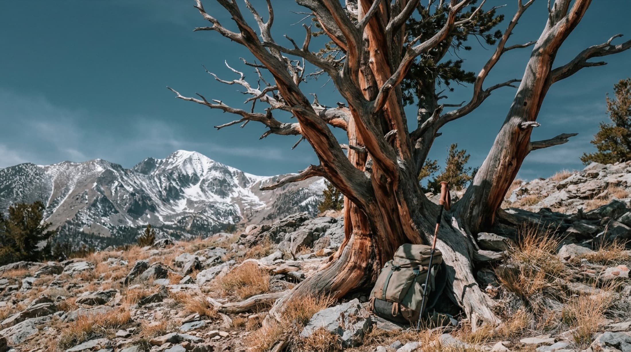 An ancient bristlecone pine on a rocky slope below snow-streaked Wheeler Peak in Great Basin National Park.
