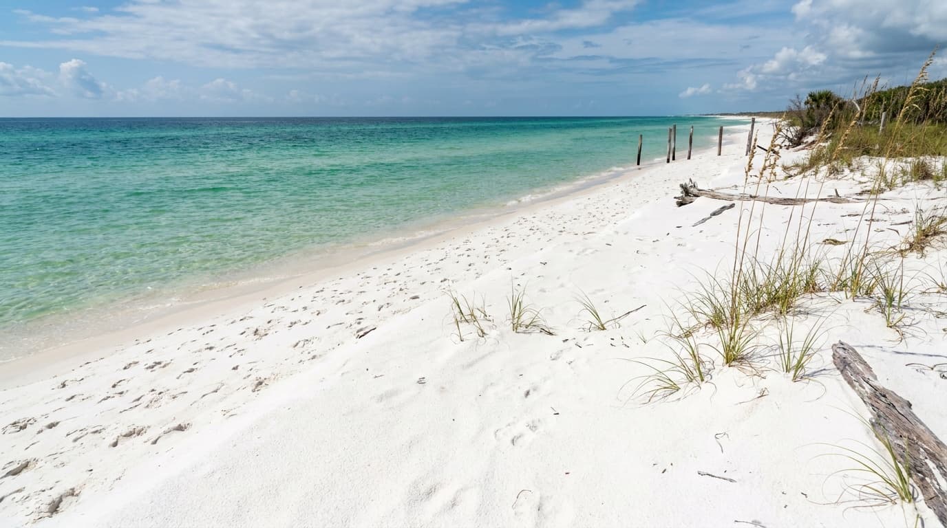 Brilliant sugar-white quartz sand and clear emerald-green Gulf water under a blue sky at Gulf Islands National Seashore in Florida