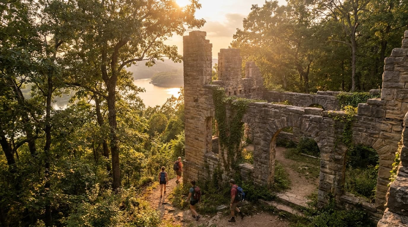 The stone castle ruins of Ha Ha Tonka perched on a wooded bluff at golden hour, with the Lake of the Ozarks shimmering far below through the trees.