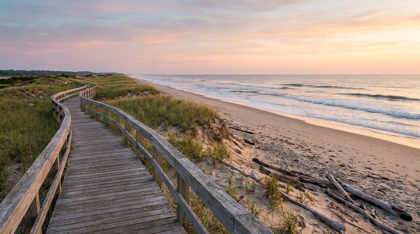 A wide two-mile sandy beach at Hammonasset Beach State Park on Long Island Sound at sunrise, gentle waves, a long boardwalk curving along the dunes, soft pink and gold sky, photorealistic coastal landscape