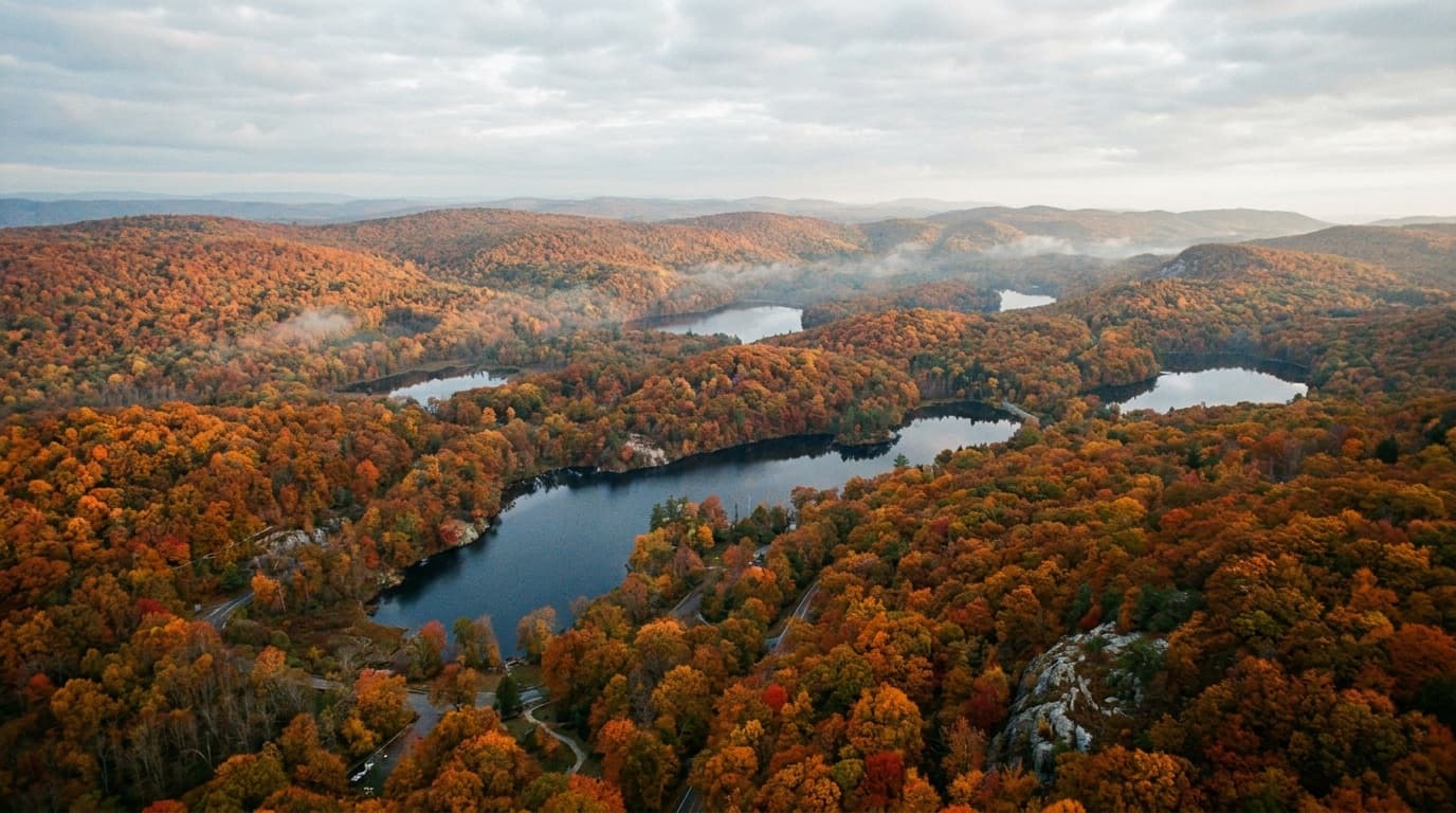 Aerial view over Harriman State Park in New York's Hudson Highlands in peak October fall color, a mosaic of orange and crimson hardwood forest cradling several blue lakes, low rolling ridgelines, soft morning light, photorealistic landscape photography