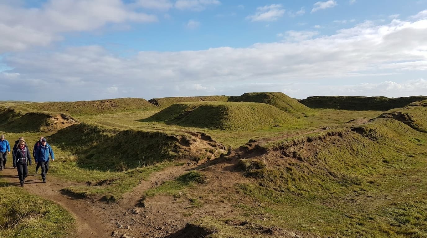 The grassy geometric earthen mounds of the restored Mound City Group enclosure at Hopewell Culture under a blue sky