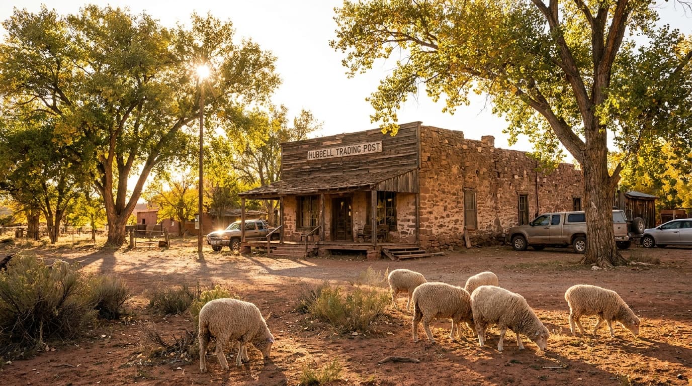 The historic stone-and-wood Hubbell Trading Post building in Ganado on the Navajo Nation, high-desert light, cottonwood trees and red earth, sheep grazing nearby