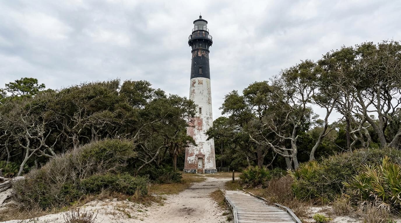 The black-and-white Hunting Island Lighthouse above maritime forest
